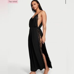 Victoria's Secret | Intimates & Sleepwear | Victorias Secret Ribbed Modal  Lacetrim Highslit Long Slip Dress Black Size S | Poshmark